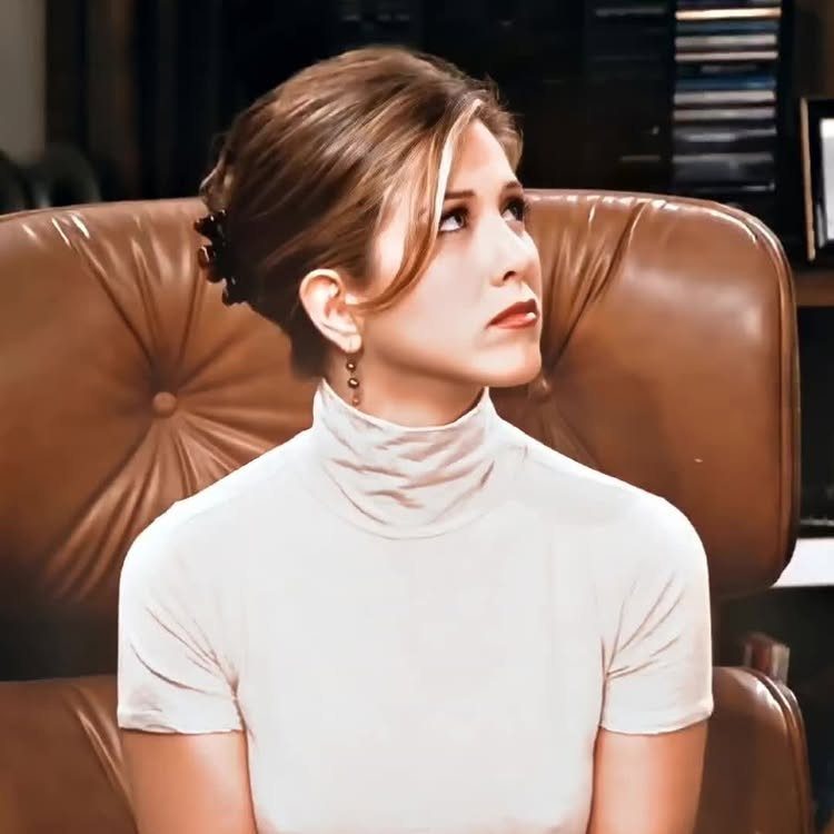 Woman with a 90s style updo and face-framing strands sitting in a leather chair.