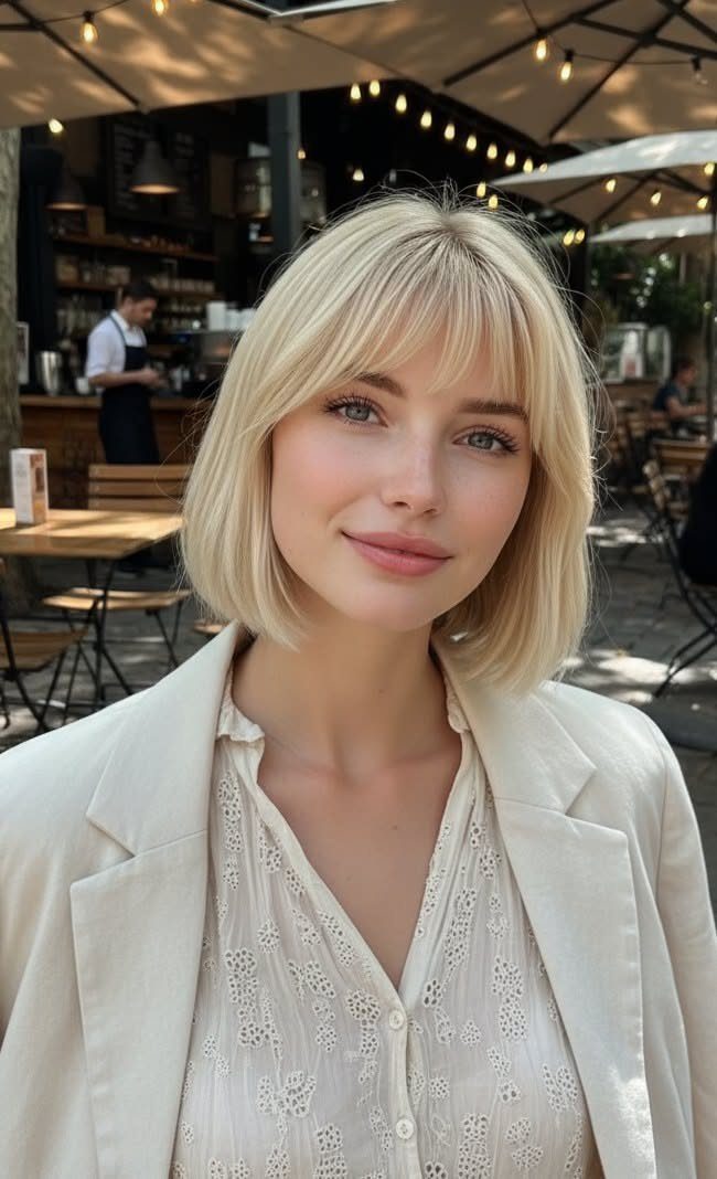 90s Hairstyles Short and 6 Ideas We Still Want to Copy 2 A blonde woman with a chin-length bob and bangs smiling in an outdoor cafe.