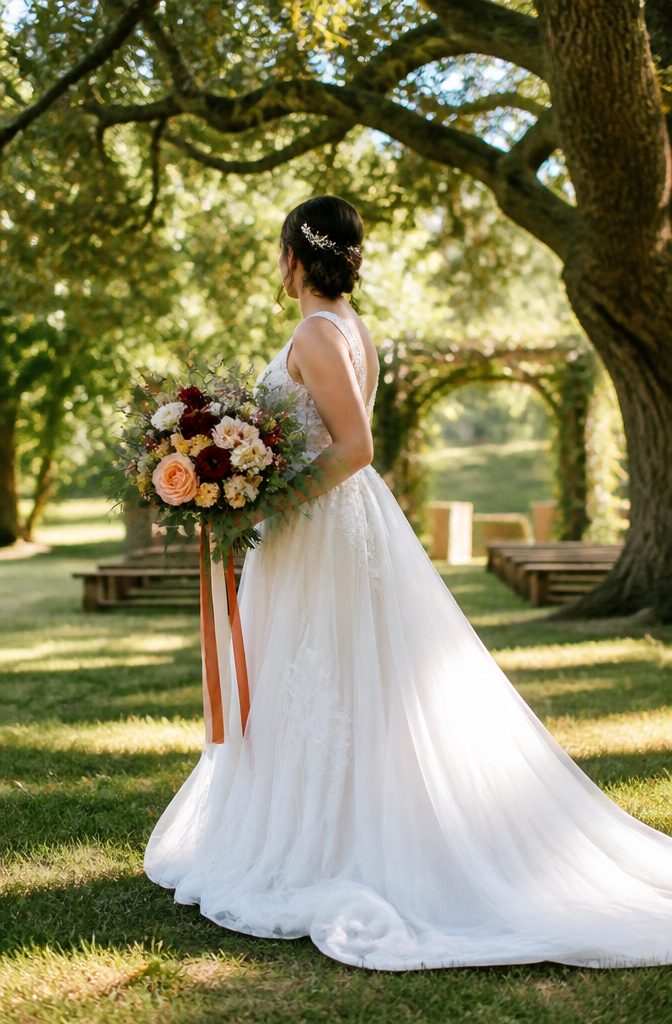A bride and groom posing for portraits after their wedding ceremony.
