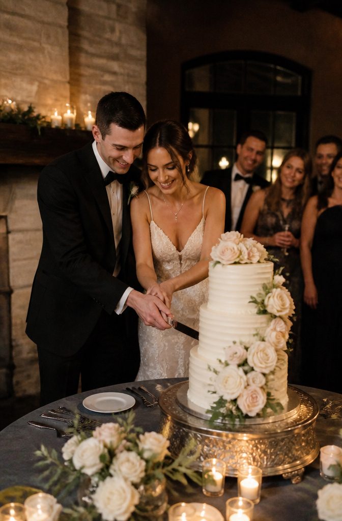 A couple holding a knife over a wedding cake adorned with sugar flowers.