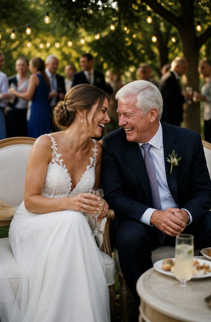 A bride and her father laughing together in a sunlit garden.