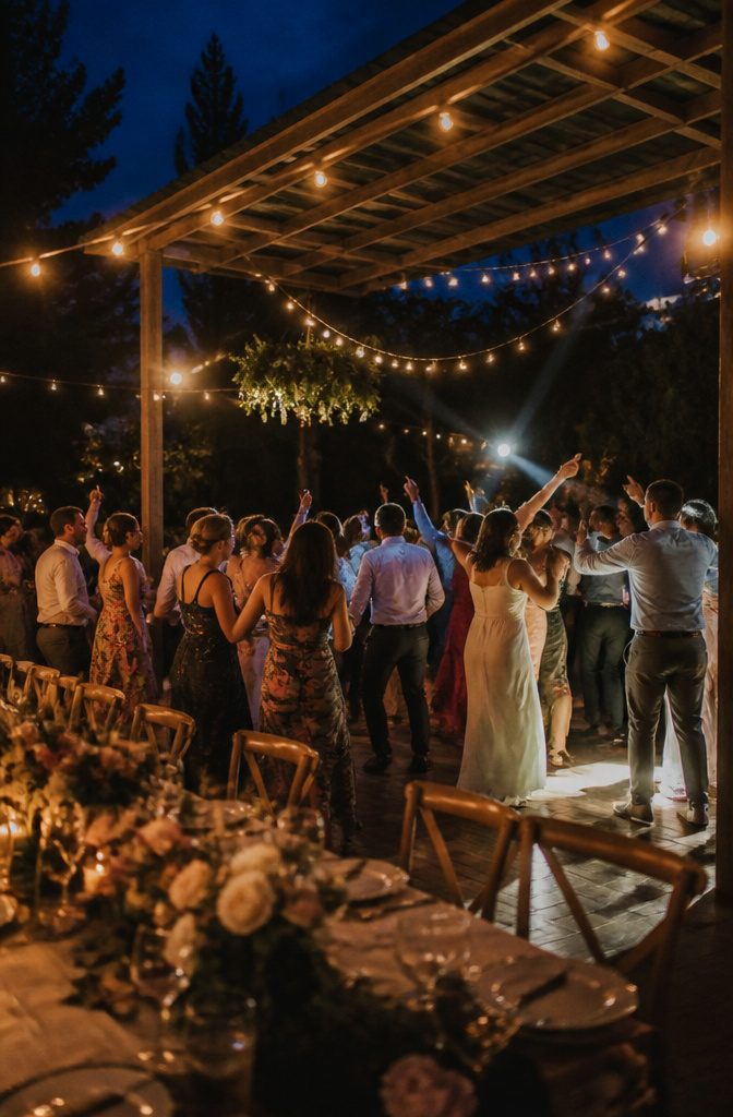 Guests dancing at a wedding reception under dim lighting.