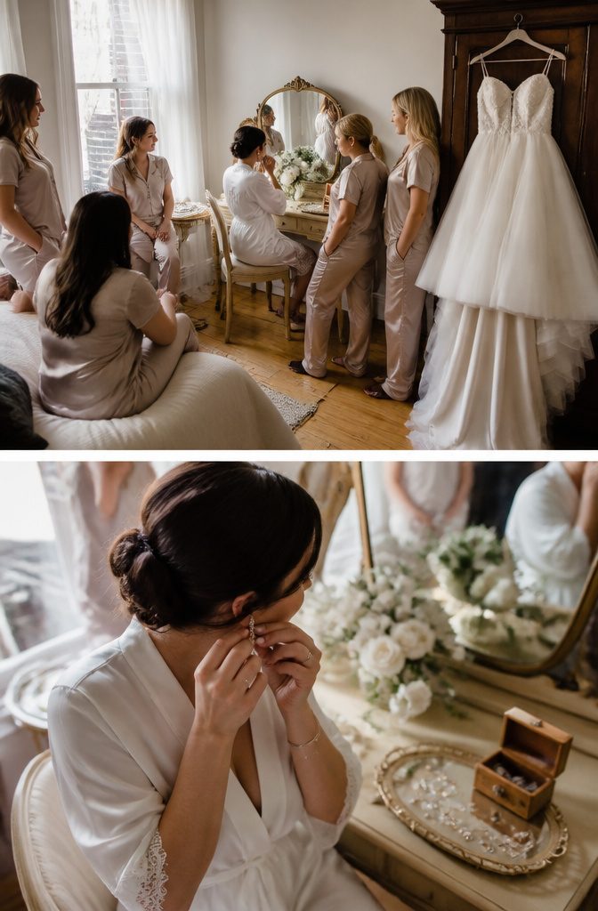 A bride in a getting-ready room with bridesmaids preparing for the ceremony.