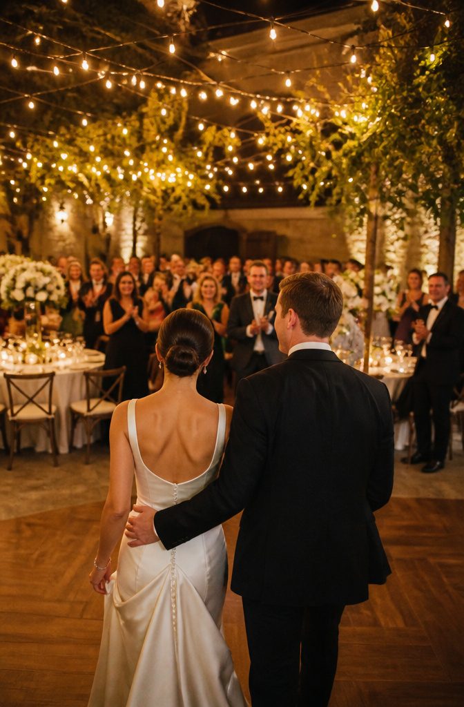 A lively wedding reception with guests celebrating under fairy lights.