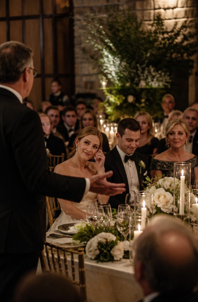 A father giving a toast at a wedding reception with guests listening.