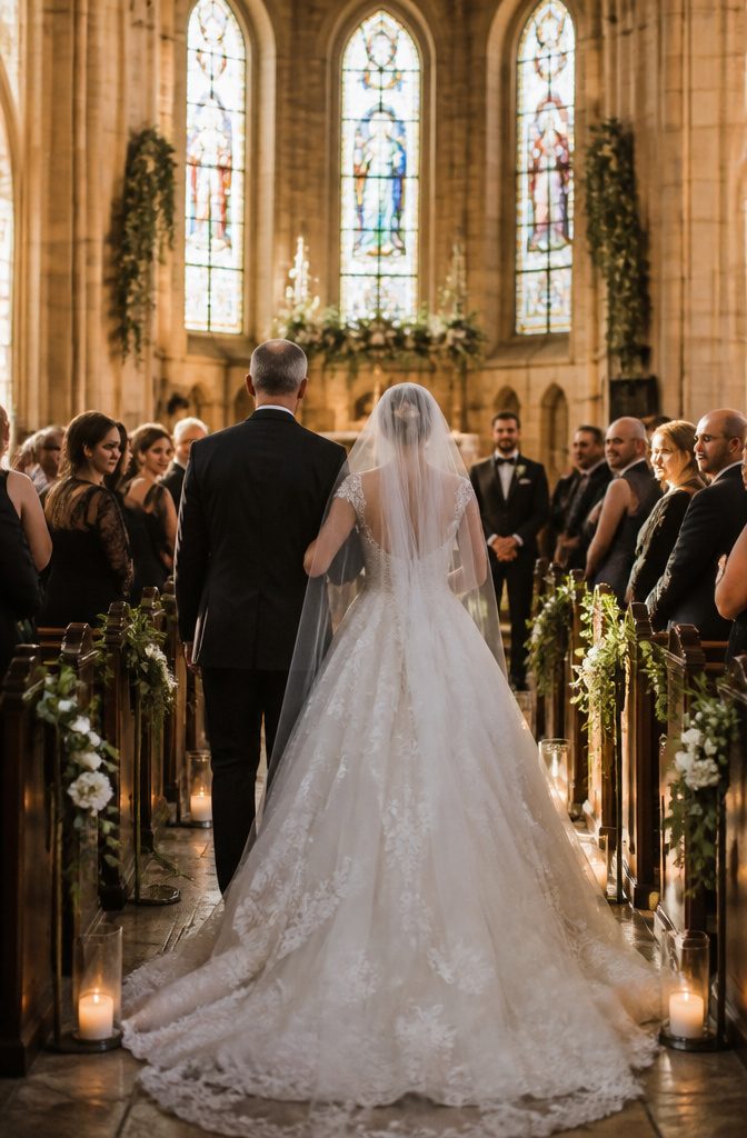 A groom stands at the altar in a chapel with stained-glass windows.