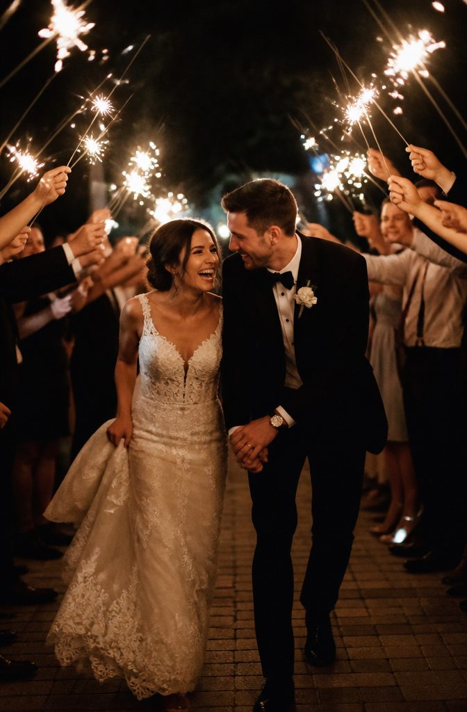 A couple walking through sparklers held by guests during their wedding exit.