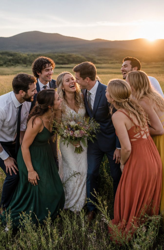 A wedding party gathered in a field, smiling and enjoying their time together.