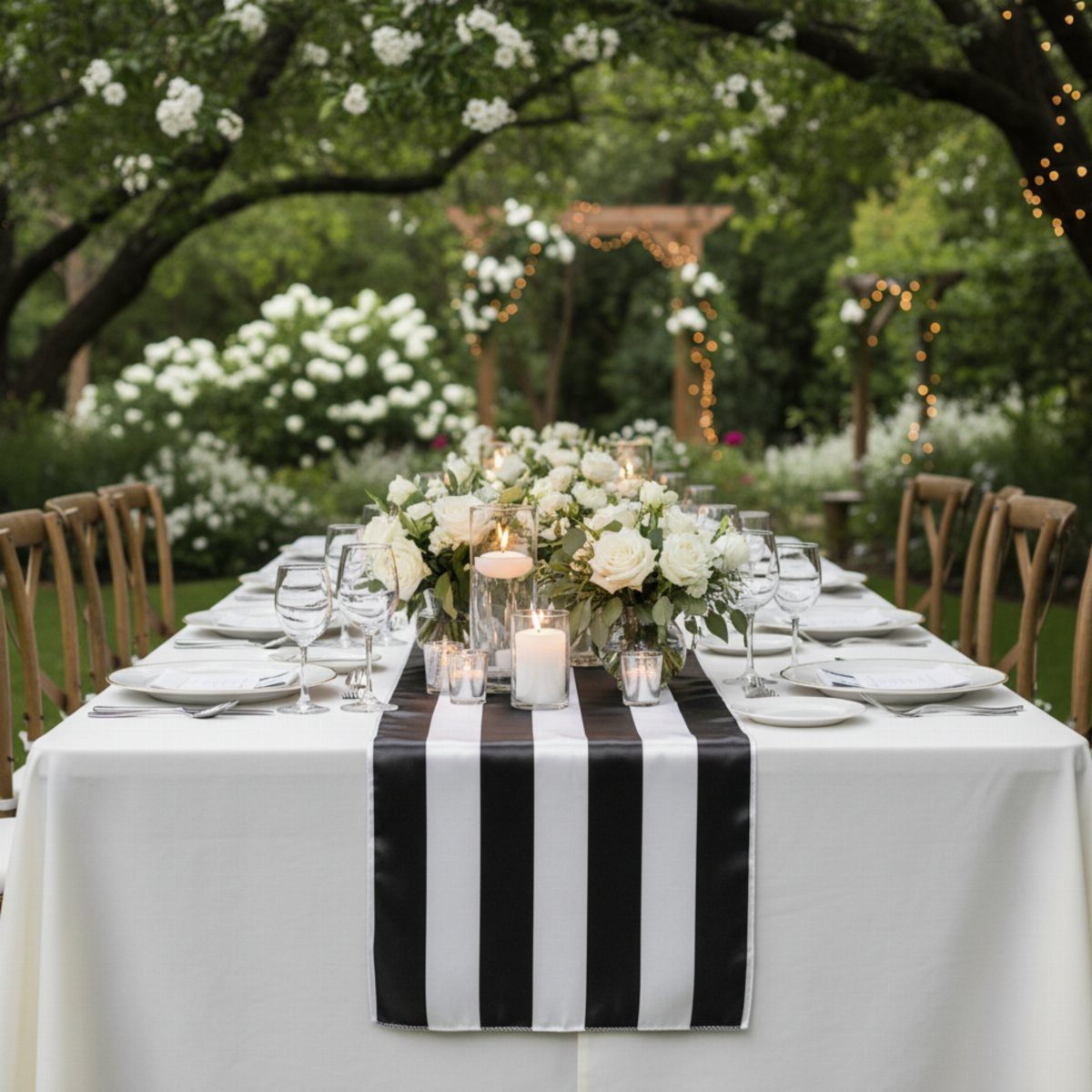 A long wedding table featuring a black and white striped runner and white floral centerpieces.