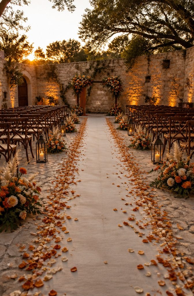 20 Burnt Orange Wedding Decor Ideas for 2026 14 Aisle decorated with burnt orange petals on a runner.