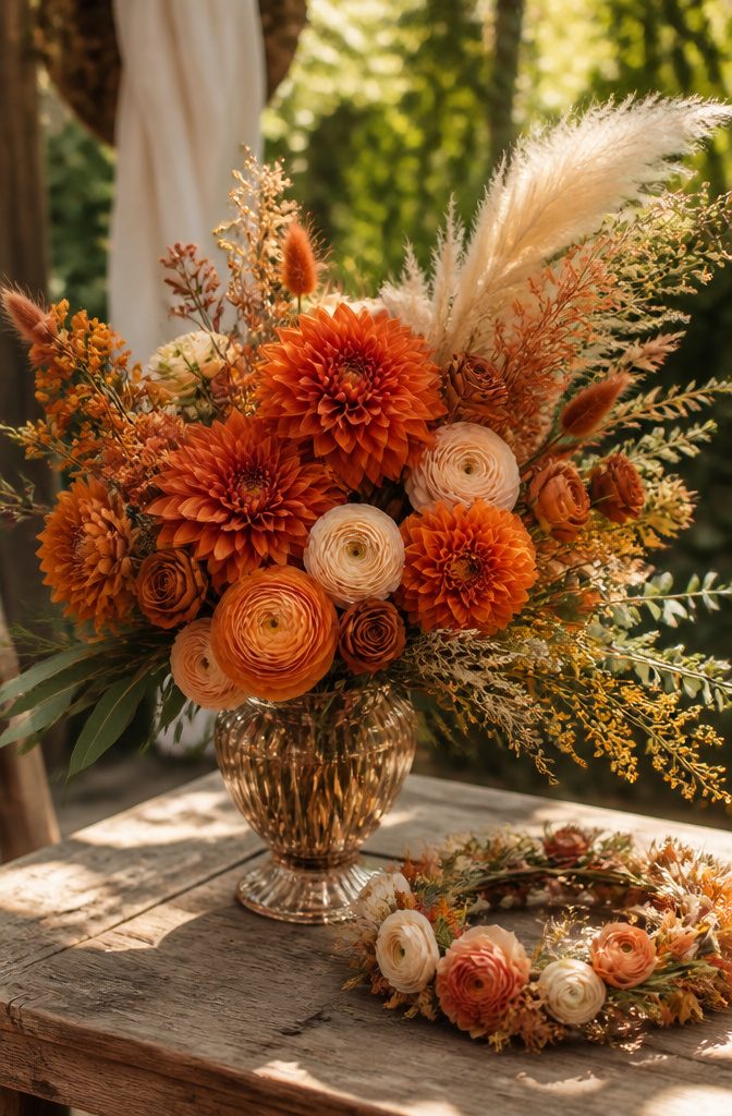 20 Burnt Orange Wedding Decor Ideas for 2026 6 A bridal bouquet featuring burnt orange dahlias and mixed flowers.