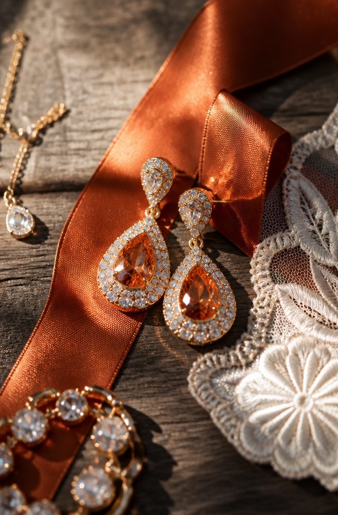 20 Burnt Orange Wedding Decor Ideas for 2026 5 Close-up of burnt orange drop earrings on a wooden surface.