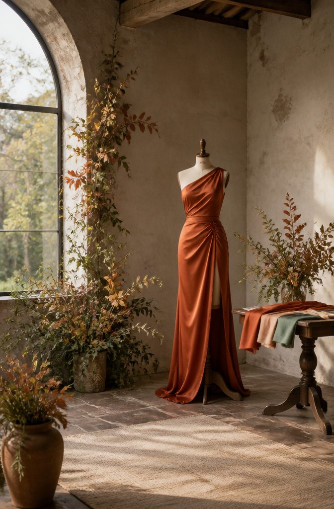 20 Burnt Orange Wedding Decor Ideas for 2026 4 A burnt orange satin bridesmaid dress with a one-shoulder design.
