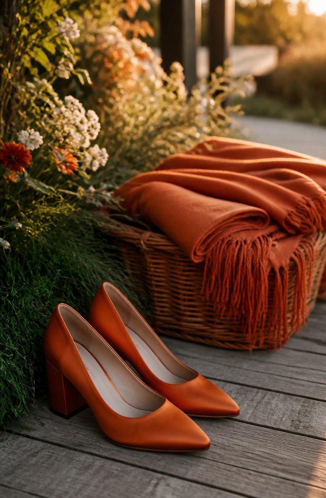 20 Burnt Orange Wedding Decor Ideas for 2026 20 A pair of burnt orange satin pumps on a wooden patio.