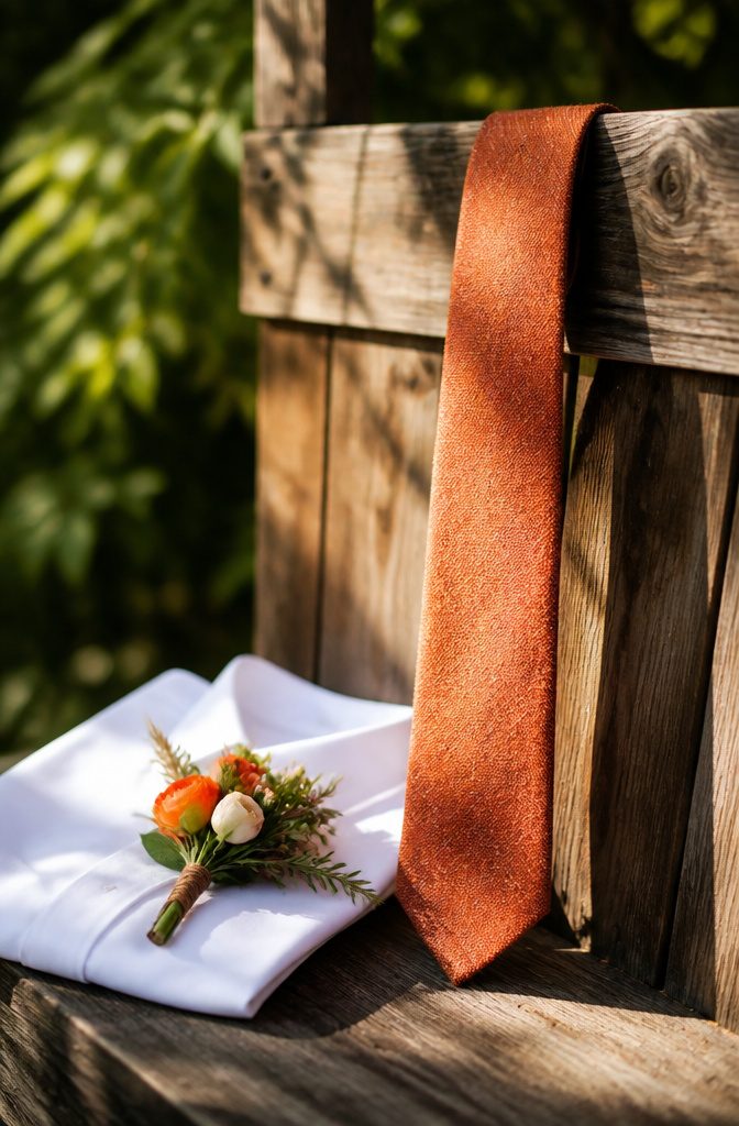 20 Burnt Orange Wedding Decor Ideas for 2026 19 A burnt orange tie displayed against a rustic wooden background.