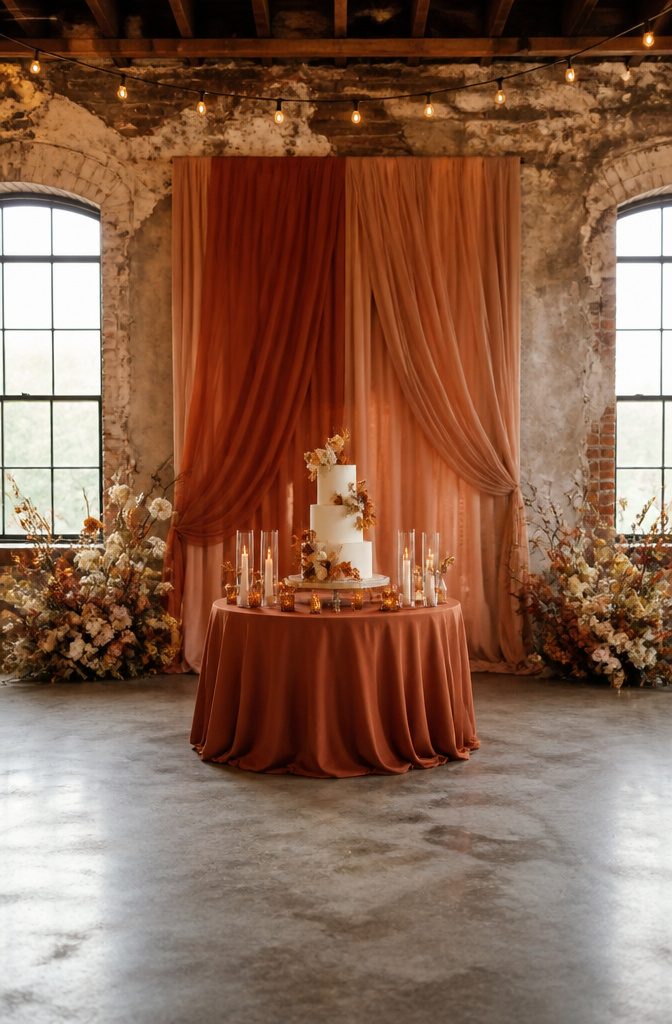 20 Burnt Orange Wedding Decor Ideas for 2026 15 A cake table covered with burnt orange linen and decorated with flowers.