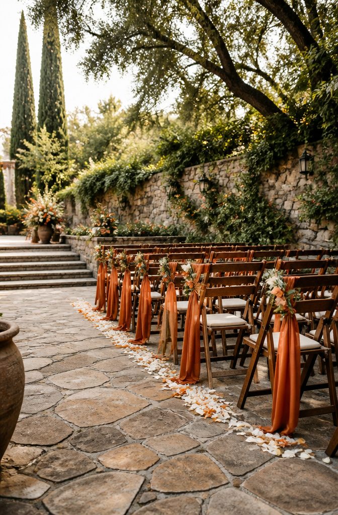 20 Burnt Orange Wedding Decor Ideas for 2026 10 Chairs decorated with burnt orange sashes at a wedding venue.