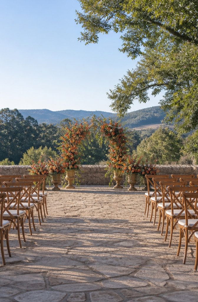 20 Burnt Orange Wedding Decor Ideas for 2026 7 Ceremony flower arrangements with burnt orange blooms in urns.