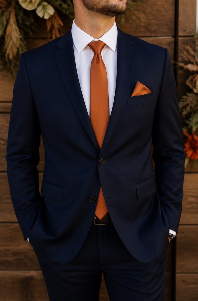 20 Burnt Orange Wedding Decor Ideas for 2026 3 A groom wearing a navy suit and a burnt orange tie.