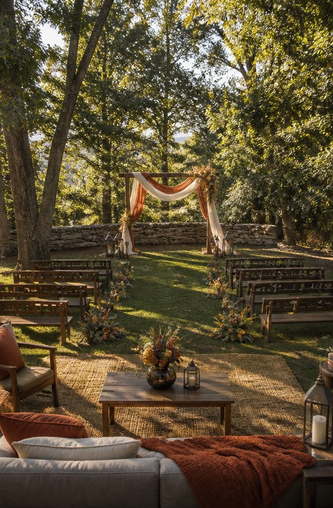 20 Burnt Orange Wedding Decor Ideas for 2026 16 A wedding arbor draped in burnt orange chiffon with flowers.