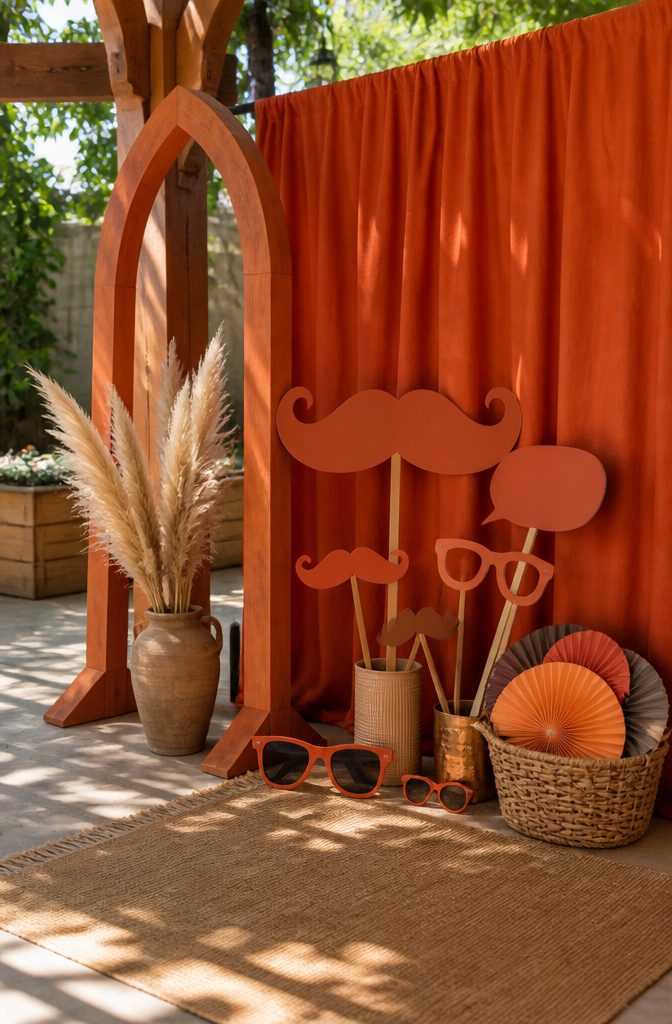 20 Burnt Orange Wedding Decor Ideas for 2026 17 A photo booth area with a burnt orange backdrop and fun props.
