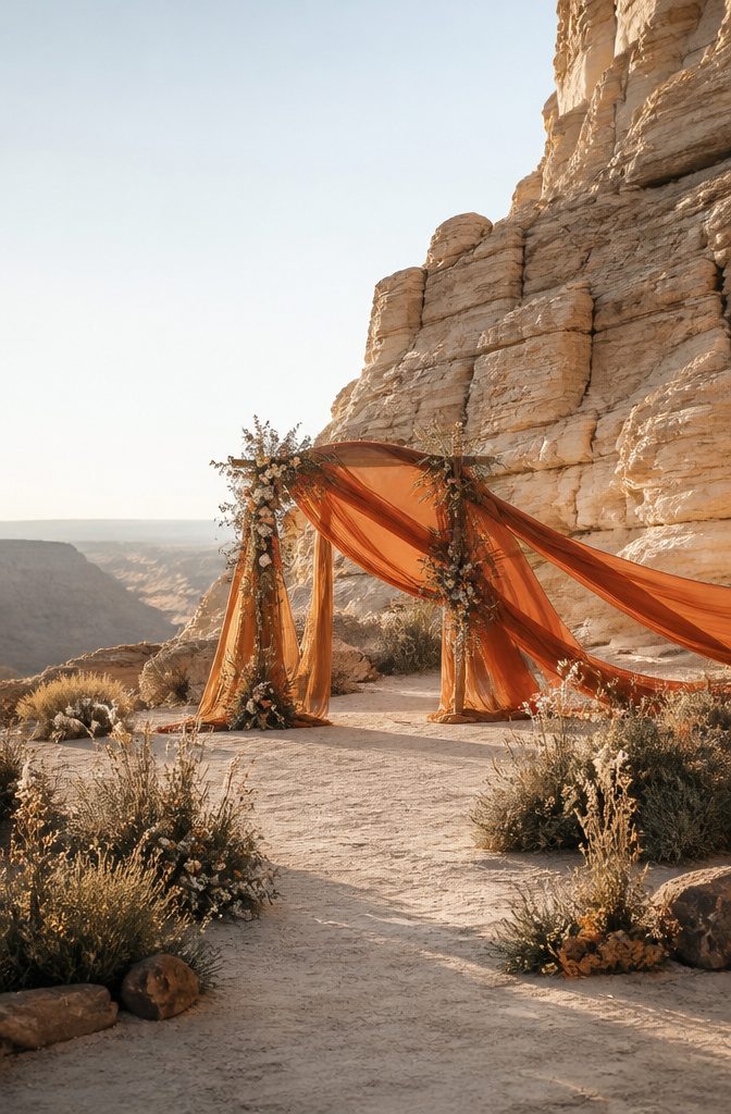 20 Burnt Orange Wedding Decor Ideas for 2026 11 Burnt orange fabric draped behind an altar at a wedding.