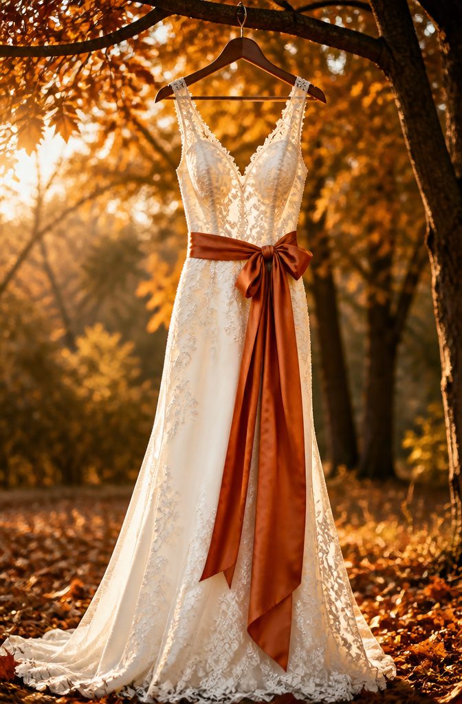 20 Burnt Orange Wedding Decor Ideas for 2026 2 A white wedding gown with a burnt orange sash tied at the waist.