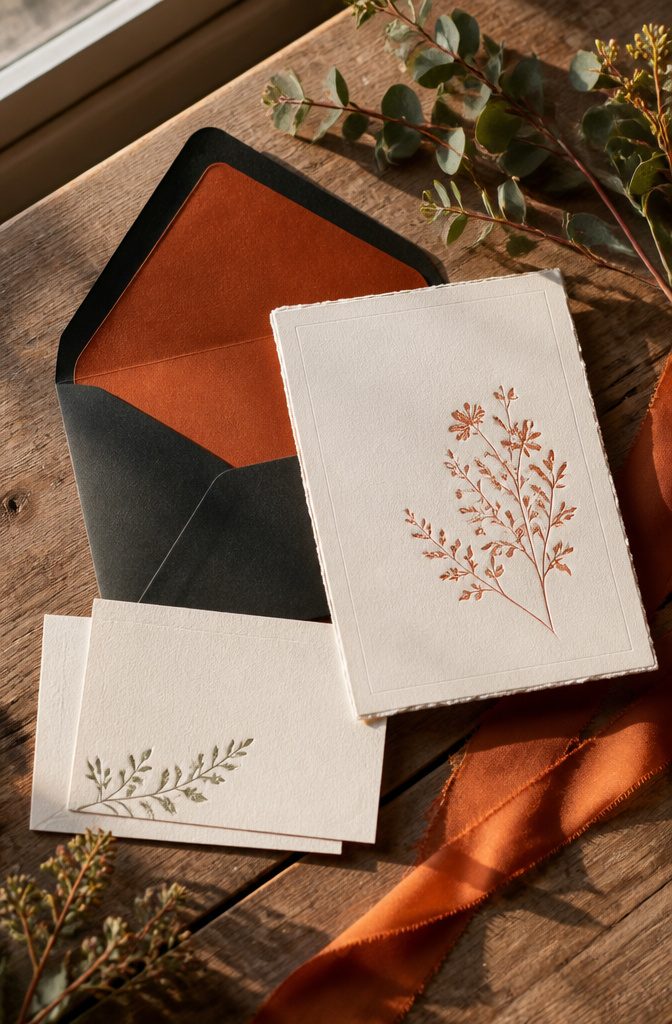20 Burnt Orange Wedding Decor Ideas for 2026 1 A wedding invitation suite with burnt orange and charcoal elements.