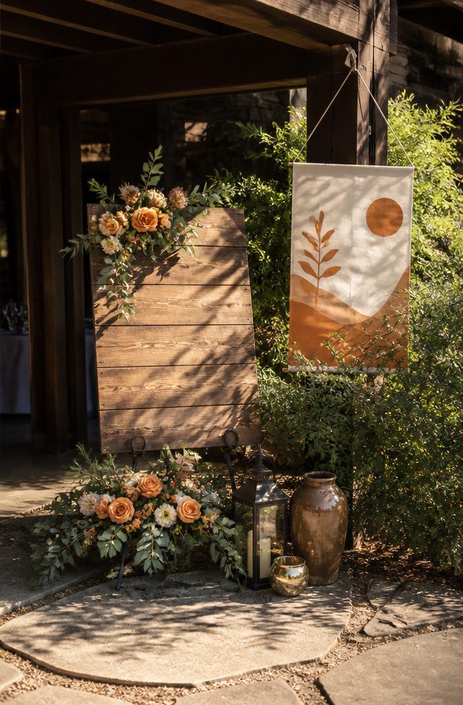 20 Burnt Orange Wedding Decor Ideas for 2026 12 A rustic welcome sign with burnt orange lettering surrounded by greenery.