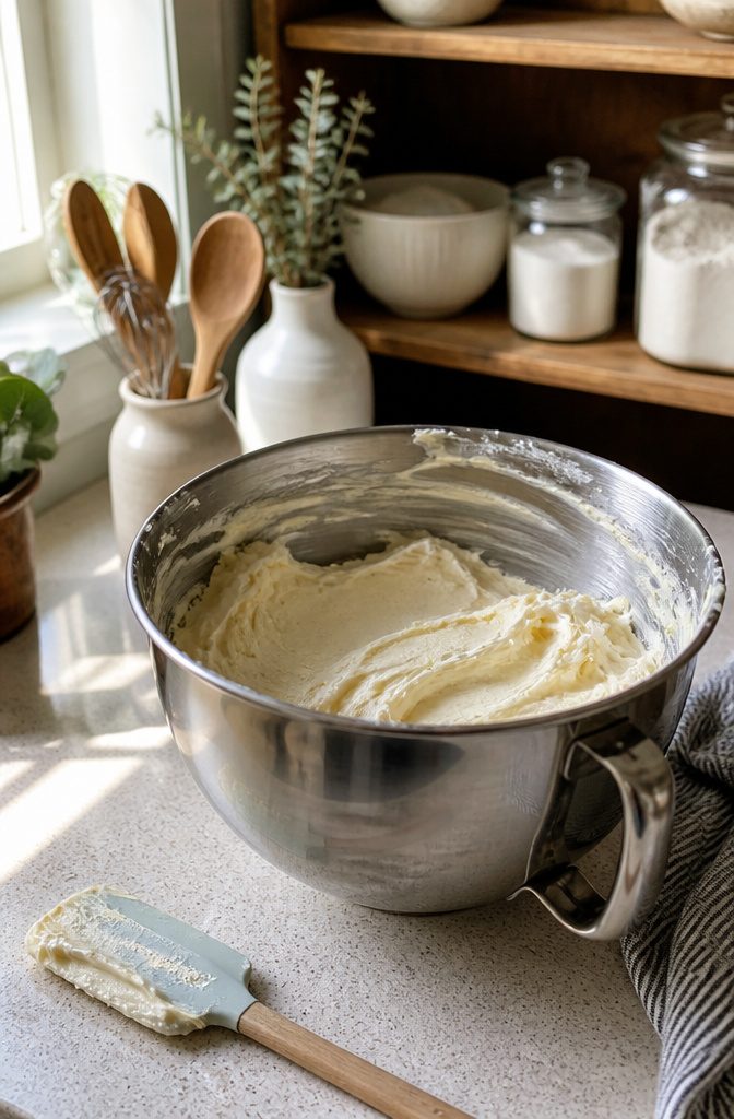 Buttercream Wedding Cake: 5 Frosting Types, Flavors & Decorating Guide 1 A mixing bowl with creamy butter and shortening on a kitchen counter.