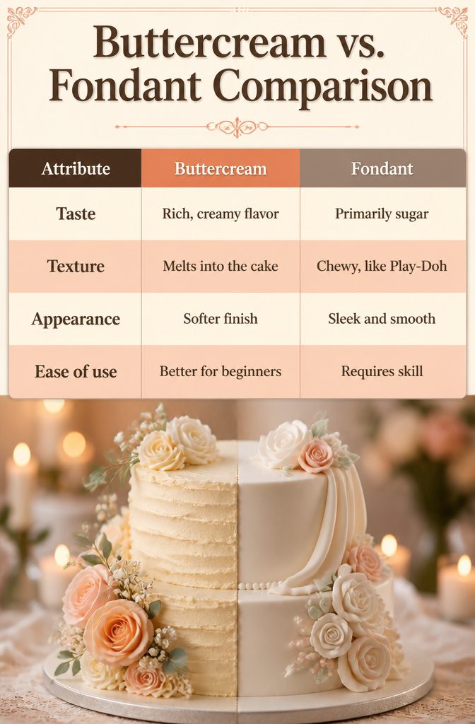 Buttercream Wedding Cake: 5 Frosting Types, Flavors & Decorating Guide 11 A comparison chart highlighting differences between buttercream and fondant.