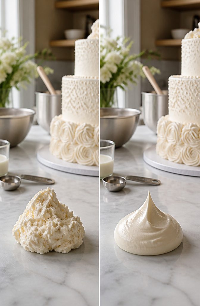 Buttercream Wedding Cake: 5 Frosting Types, Flavors & Decorating Guide 4 A dollop of buttercream on a countertop, indicating its consistency.