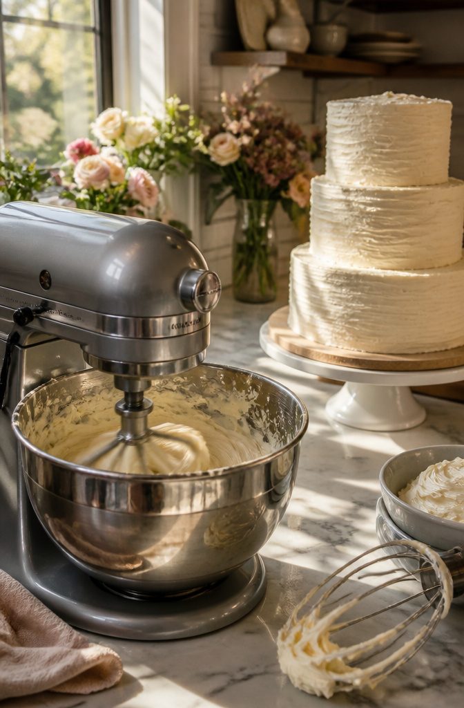 Buttercream Wedding Cake: 5 Frosting Types, Flavors & Decorating Guide 5 A stand mixer whips buttercream frosting to a creamy ivory color.