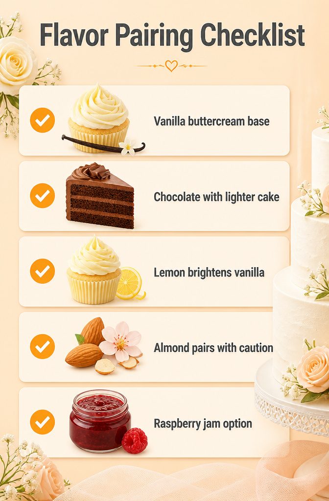 Buttercream Wedding Cake: 5 Frosting Types, Flavors & Decorating Guide 12 A checklist of flavor pairings for buttercream wedding cakes.