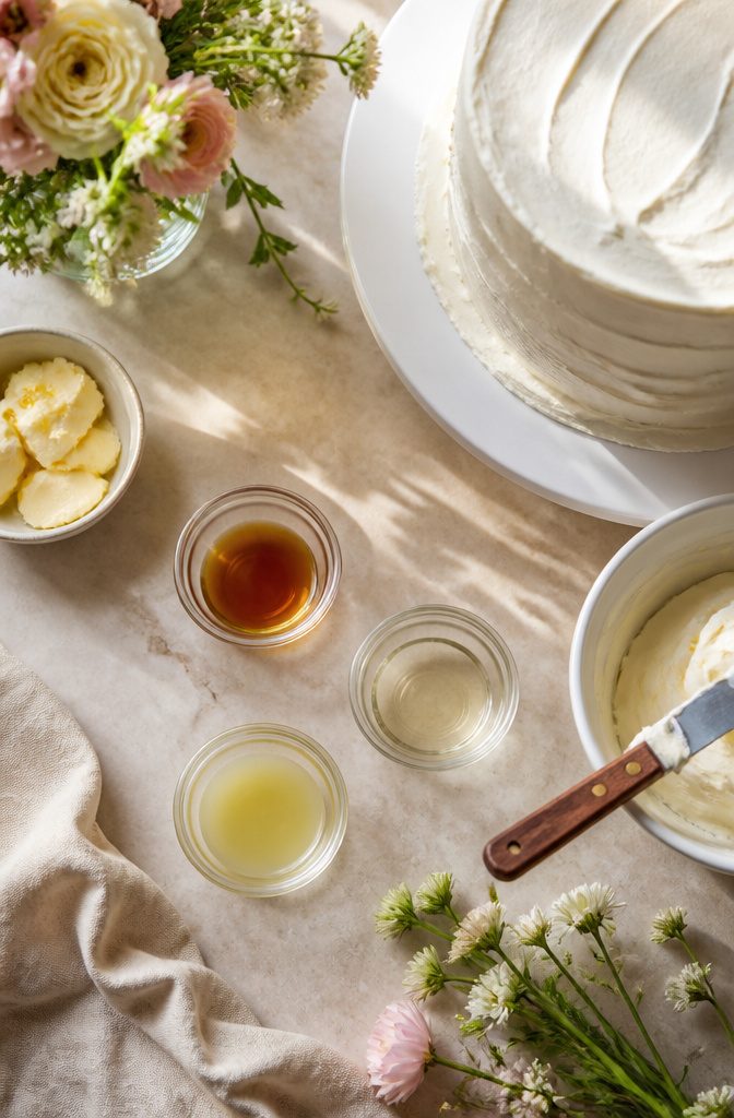Buttercream Wedding Cake: 5 Frosting Types, Flavors & Decorating Guide 2 A bottle of clear vanilla extract beside a bowl of buttercream frosting.
