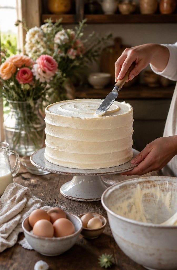 Buttercream Wedding Cake: 5 Frosting Types, Flavors & Decorating Guide 10 A wedding cake being frosted with smooth German buttercream.