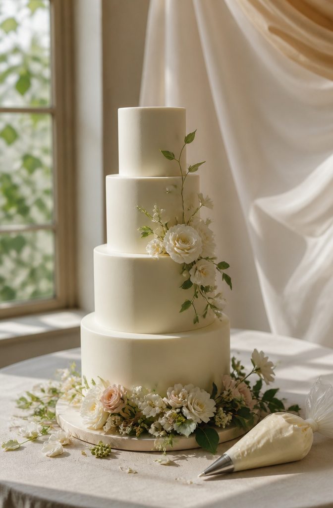 Buttercream Wedding Cake: 5 Frosting Types, Flavors & Decorating Guide 9 A tiered wedding cake finished with Italian meringue buttercream.