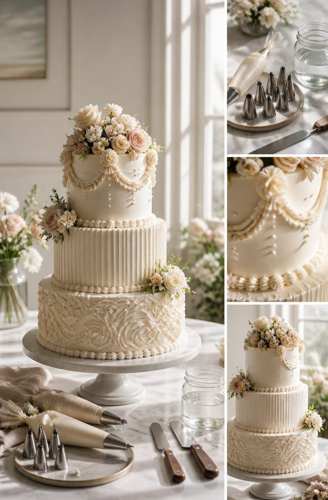 Buttercream Wedding Cake: 5 Frosting Types, Flavors & Decorating Guide 14 A buttercream wedding cake showcasing various piping techniques.
