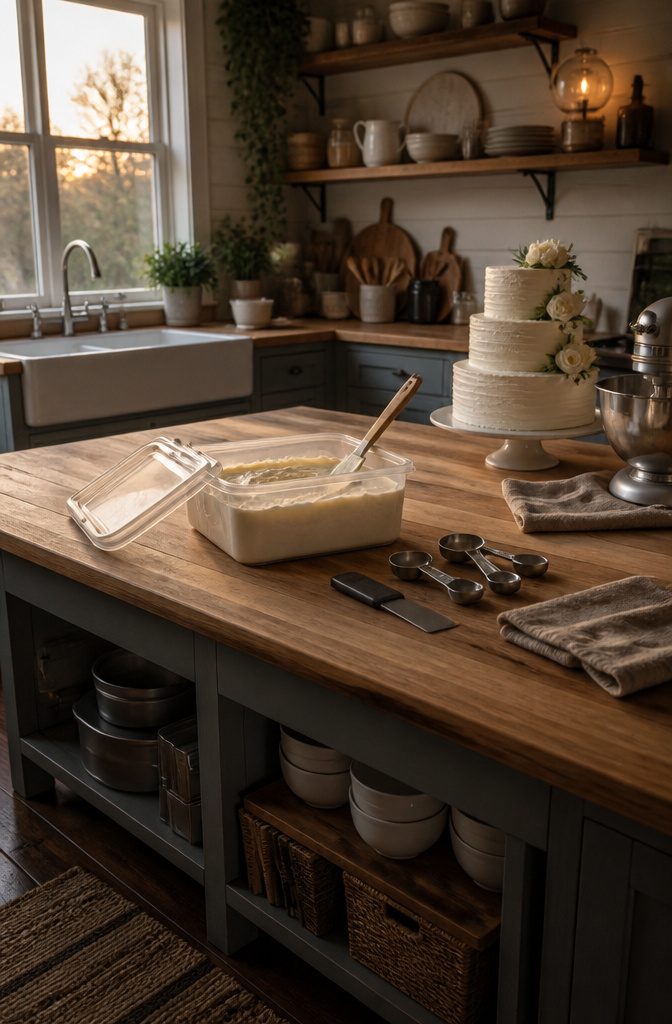 Buttercream Wedding Cake: 5 Frosting Types, Flavors & Decorating Guide 6 An airtight container holding buttercream frosting on a kitchen counter.