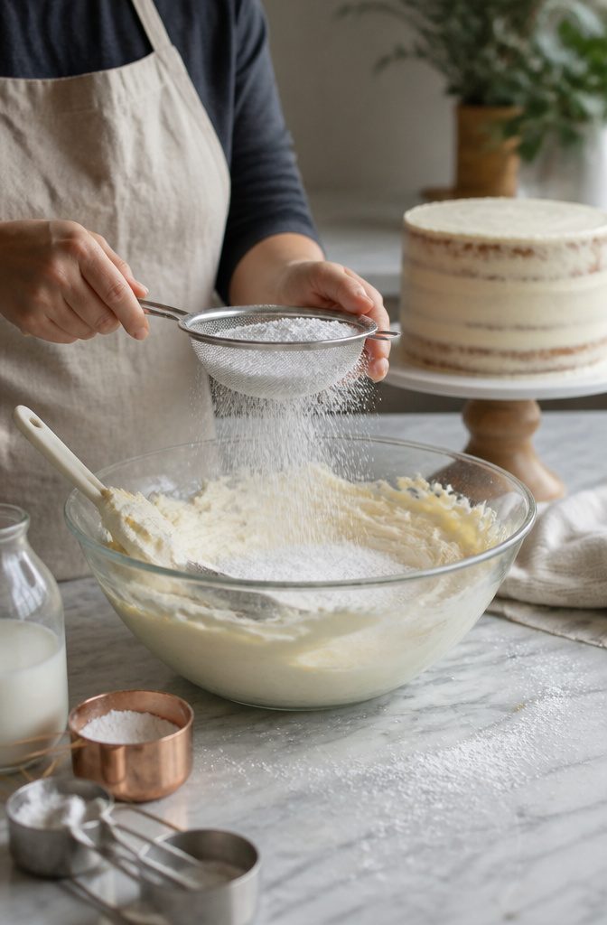 Buttercream Wedding Cake: 5 Frosting Types, Flavors & Decorating Guide 3 A baker folds sugar into buttercream in a glass bowl on a countertop.
