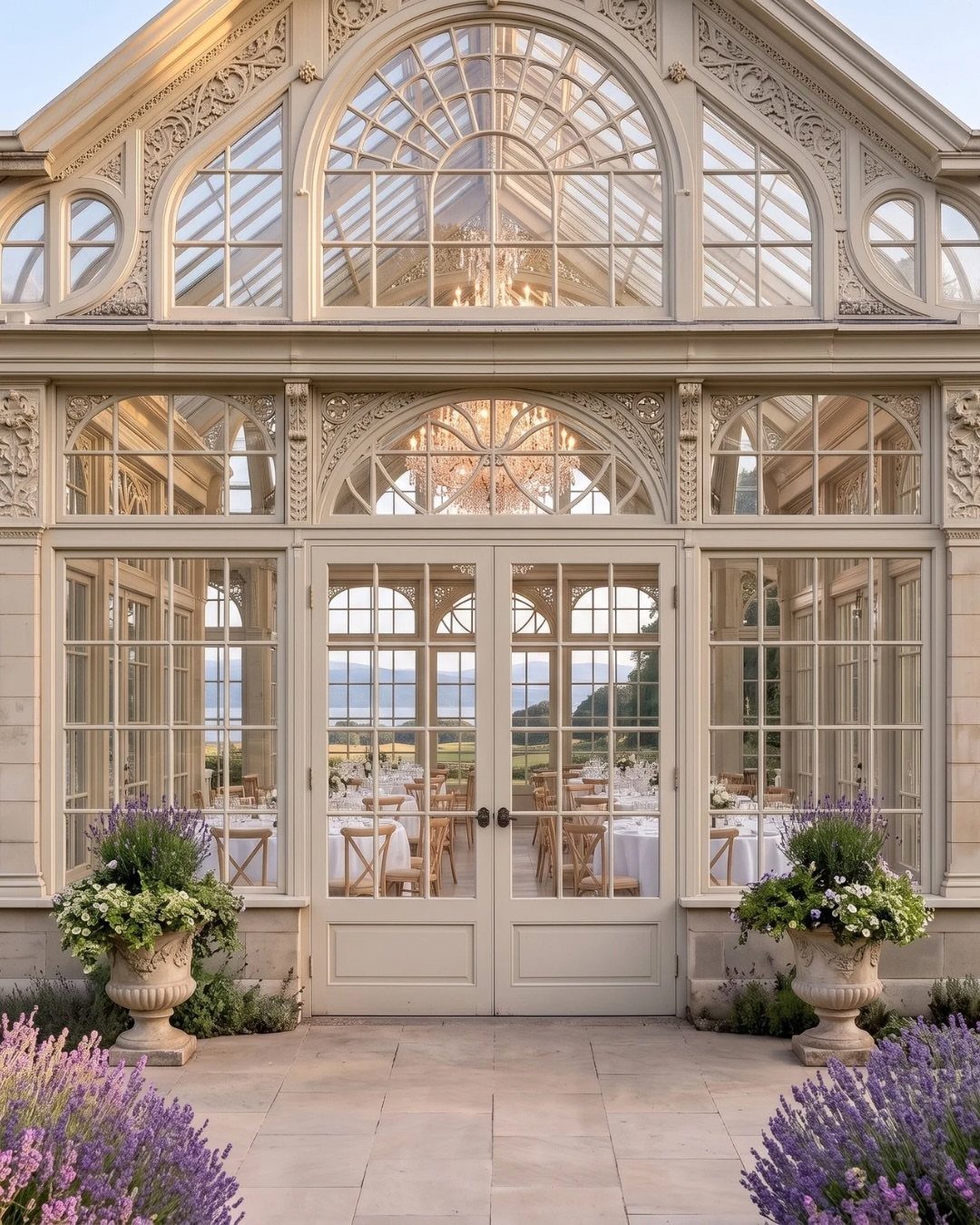 A grand stone conservatory with large arched windows and glass doors overlooking a set banquet area.