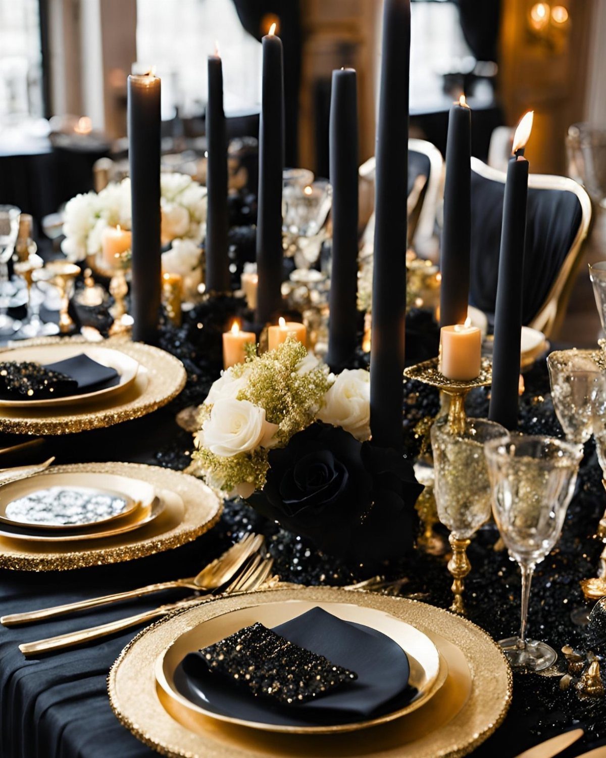 Elegant wedding table setting with black candles, gold plates, and black sequined decorations.