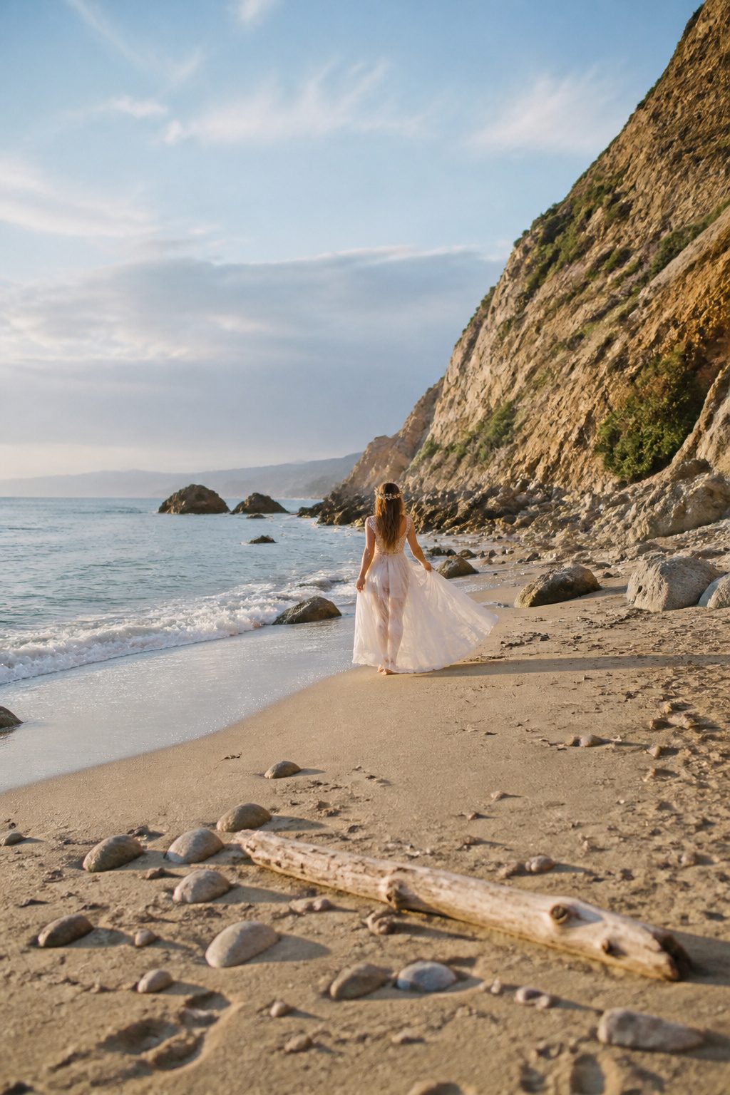 Bohemian flowing wedding dress made of chiffon.