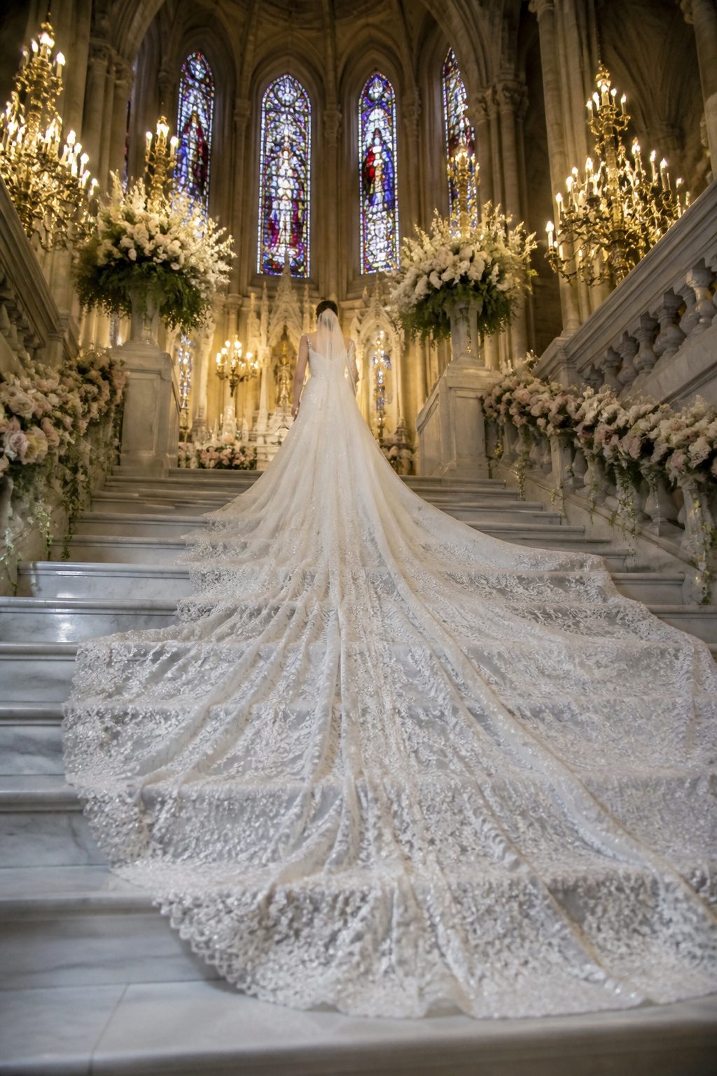 Cathedral train wedding dress extending behind the bride.