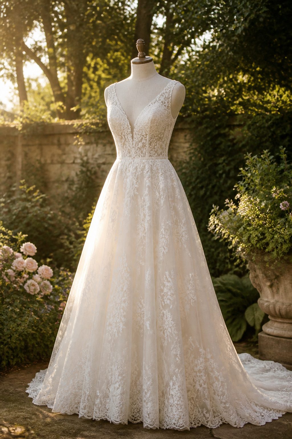 A-line wedding dress with lace detailing.