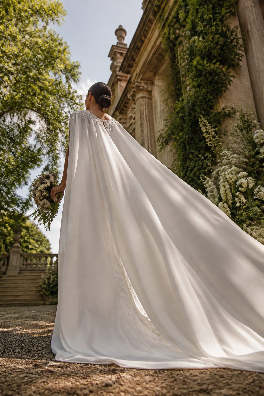 Dramatic cape wedding dress with flowing fabric.