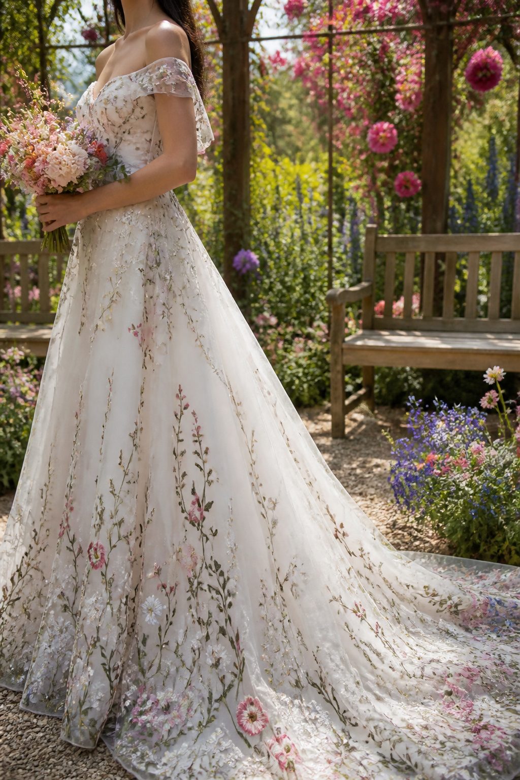 Floral embroidered garden wedding dress in a flower garden.