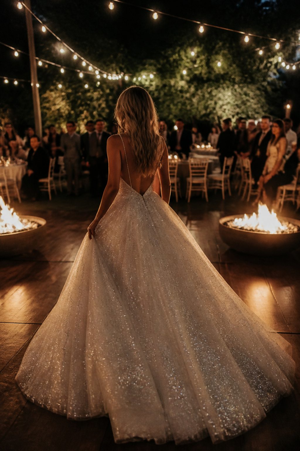 Glitter tulle evening wedding gown under string lights.
