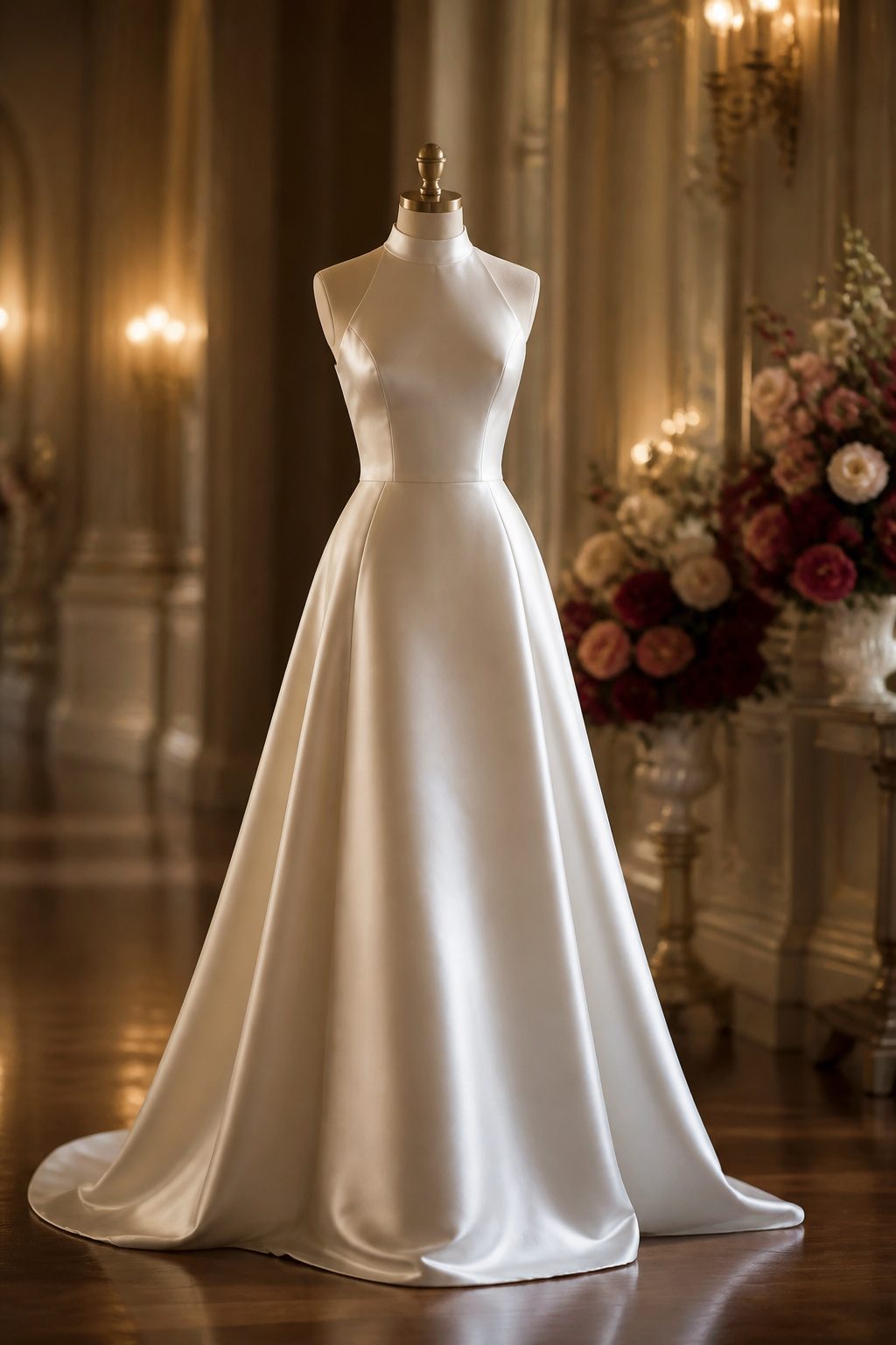 High-neck elegant satin wedding gown.