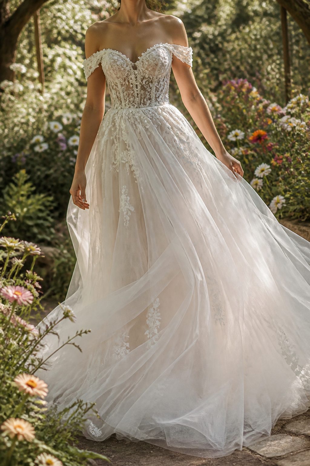 Off-shoulder romantic tulle wedding gown.
